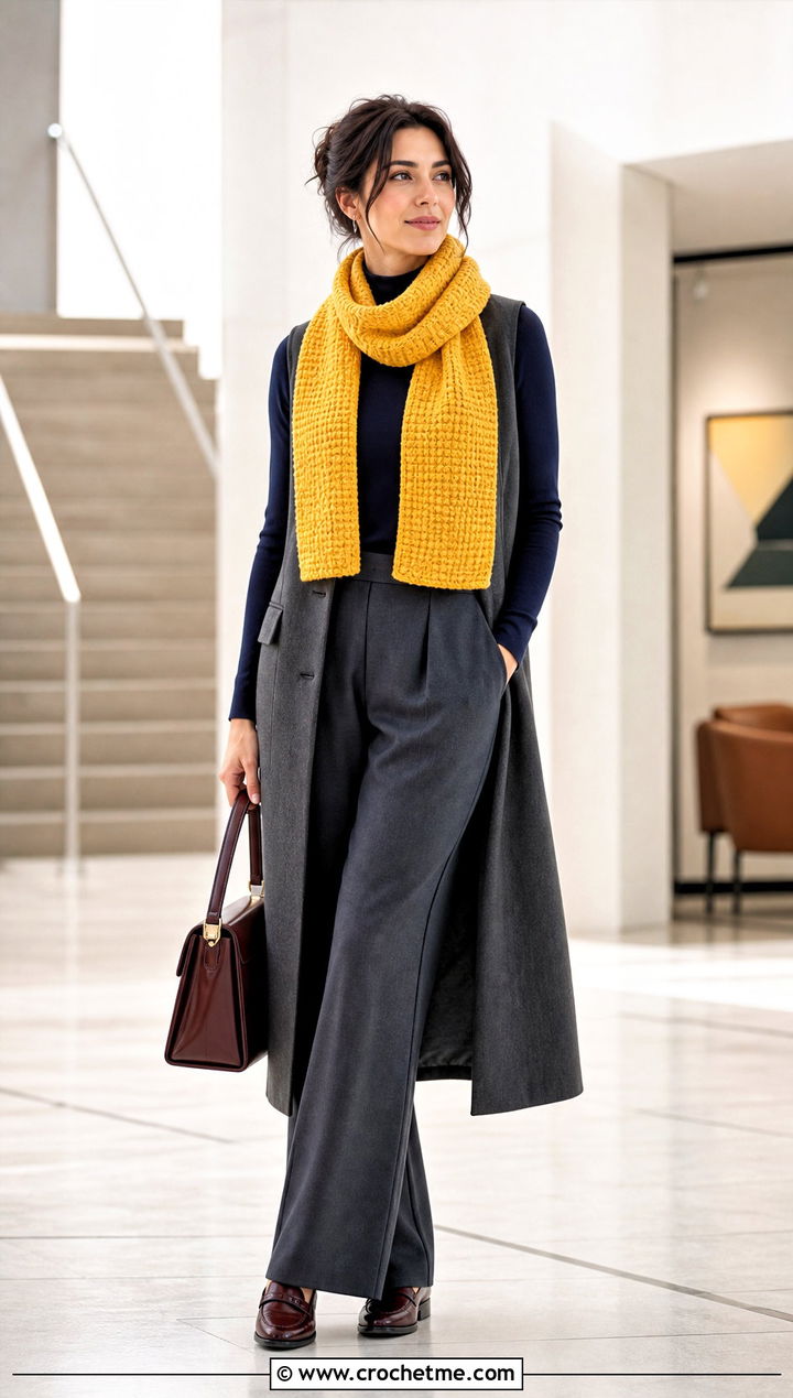 Tunisian Crochet Scarf With Tailored Vest - 35 fall crochet scarf outfit ideas