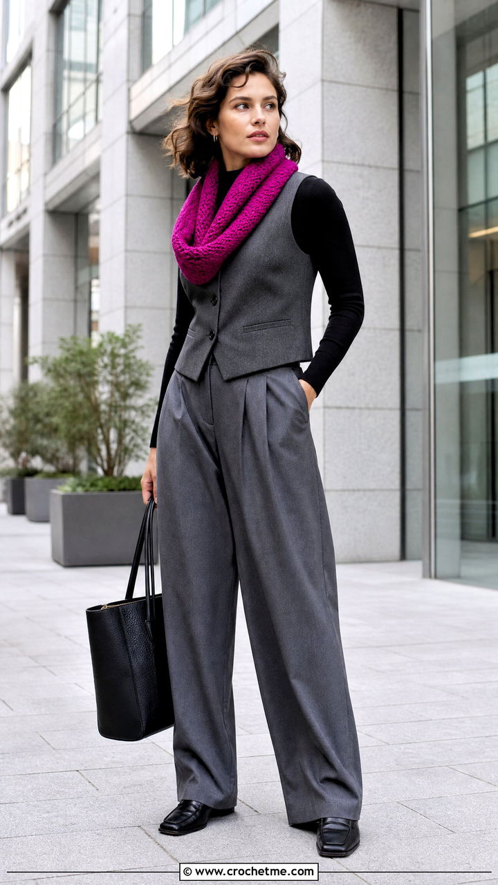 Tunisian Crochet Scarf With Tailored Vest - 35 easy crochet scarves outfit ideas
