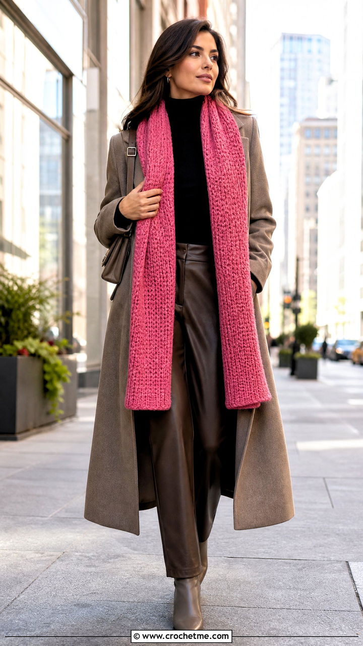 Tunisian Crochet Scarf With Turtleneck And Leather Pants - 35 simple crochet scarf outfit ideas