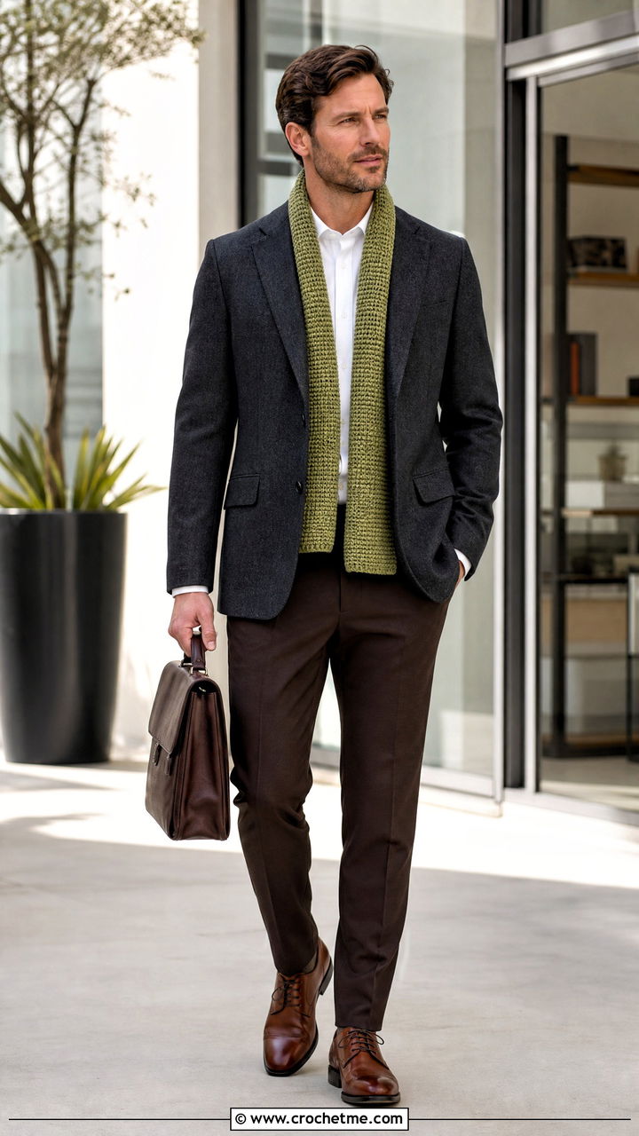 Tunisian Crochet Scarf With Wool Blazer - 35 crochet scarf for men outfit ideas