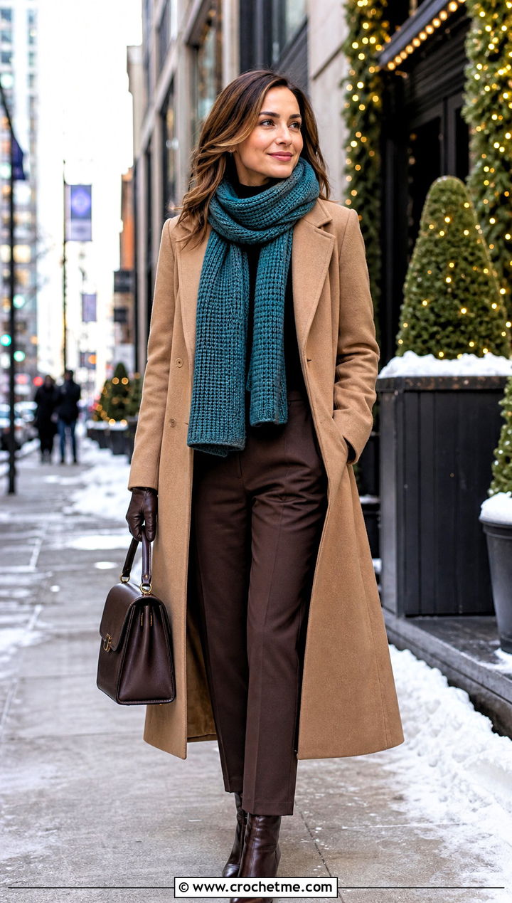 Tunisian Crochet Scarf With Wool Coat - 35 crochet neck scarf outfit ideas