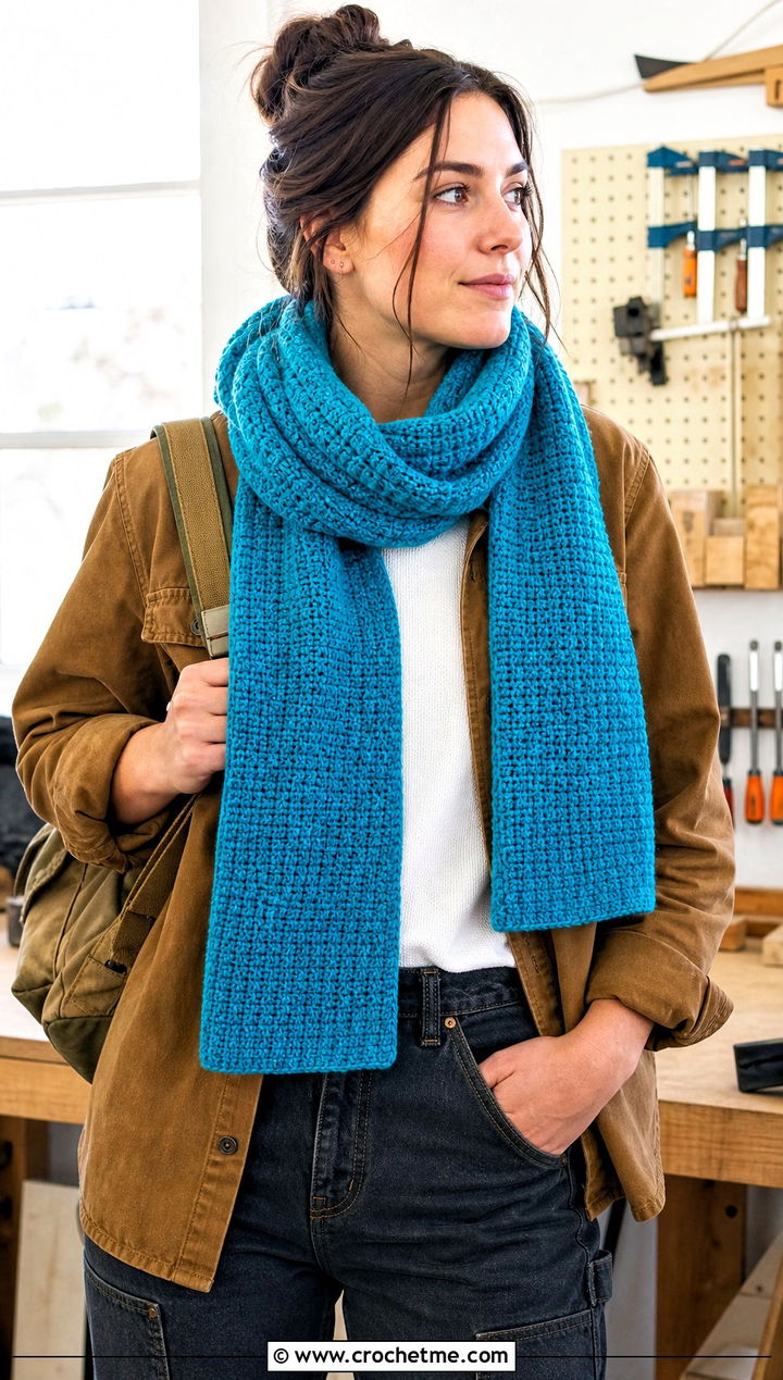 Tunisian Crochet Scarf With Workwear Overshirt - 15 Crochet Unisex Scarf outfit ideas