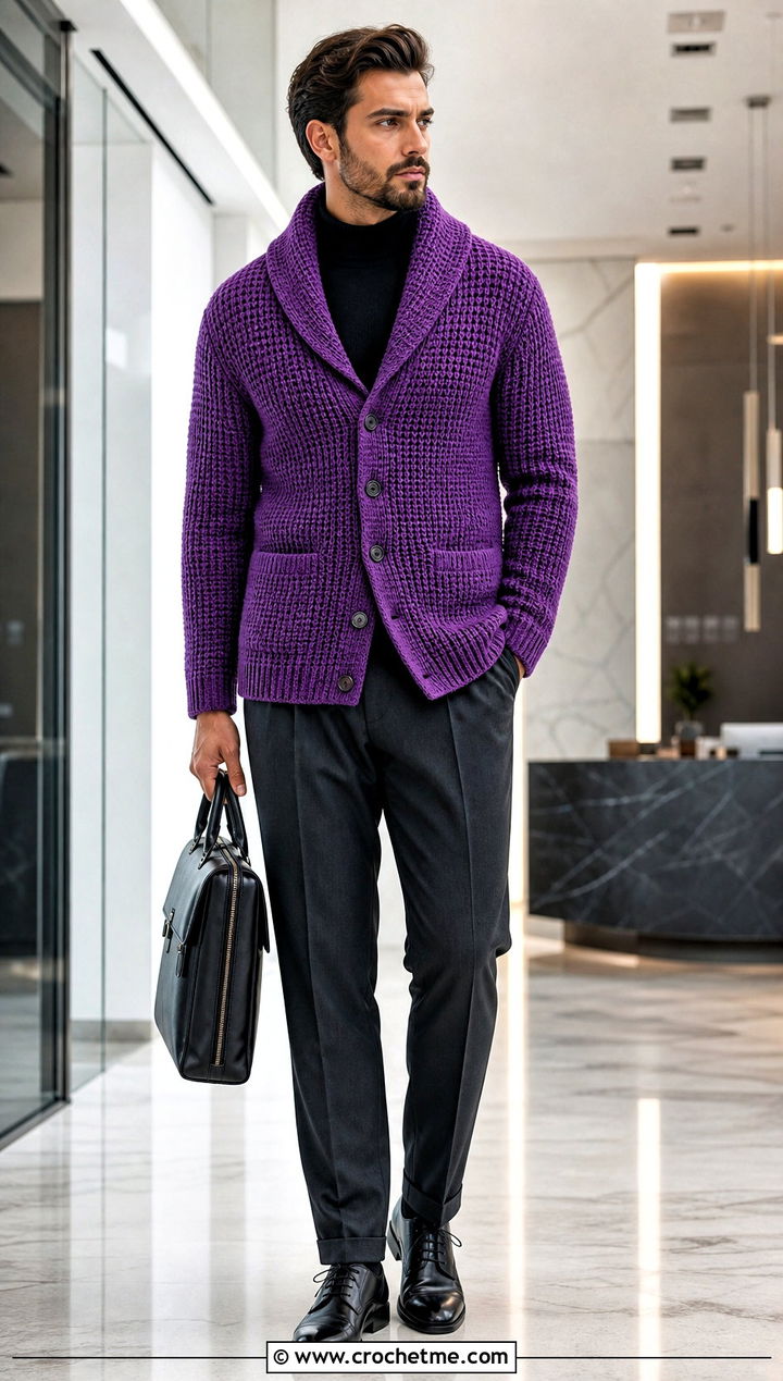 Tunisian Crochet Shawl Collar Cardigan With Tailored Trousers - 20 Mens Crochet Shawl Collar Cardigan outfit ideas