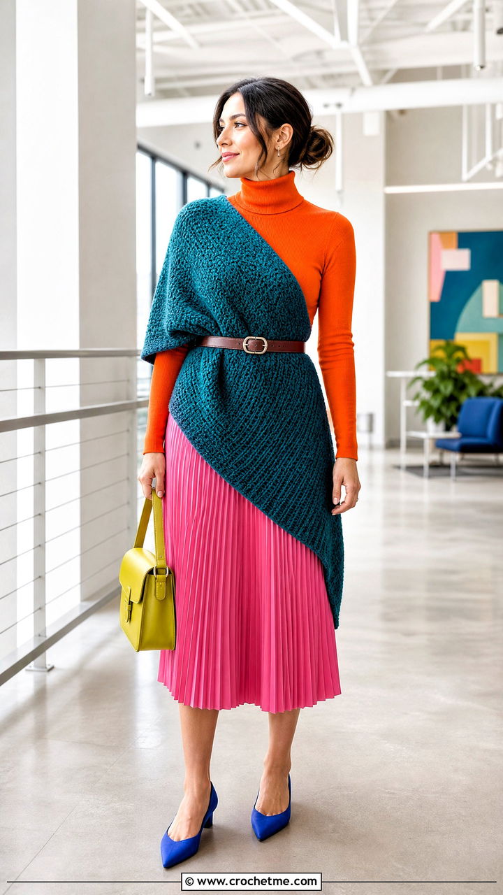 Tunisian Crochet Shawl With A Pleated Midi Skirt - 35 crochet shawl outfit ideas