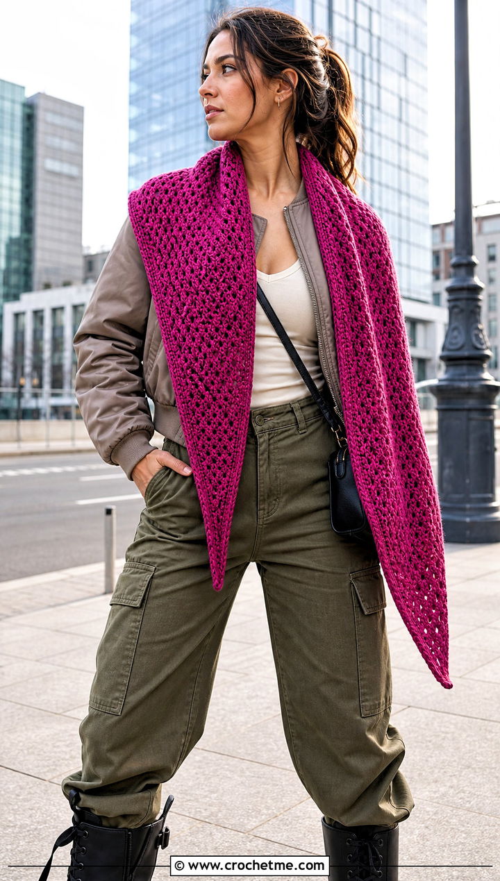 Tunisian Crochet Shawl With Cargo Pants And Bomber Jacket - 30 crochet shawl wrap outfit ideas