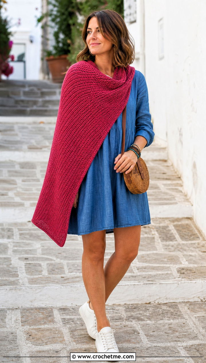 Tunisian Crochet Shawl With Denim Dress - 30 summer crochet shawl outfit ideas