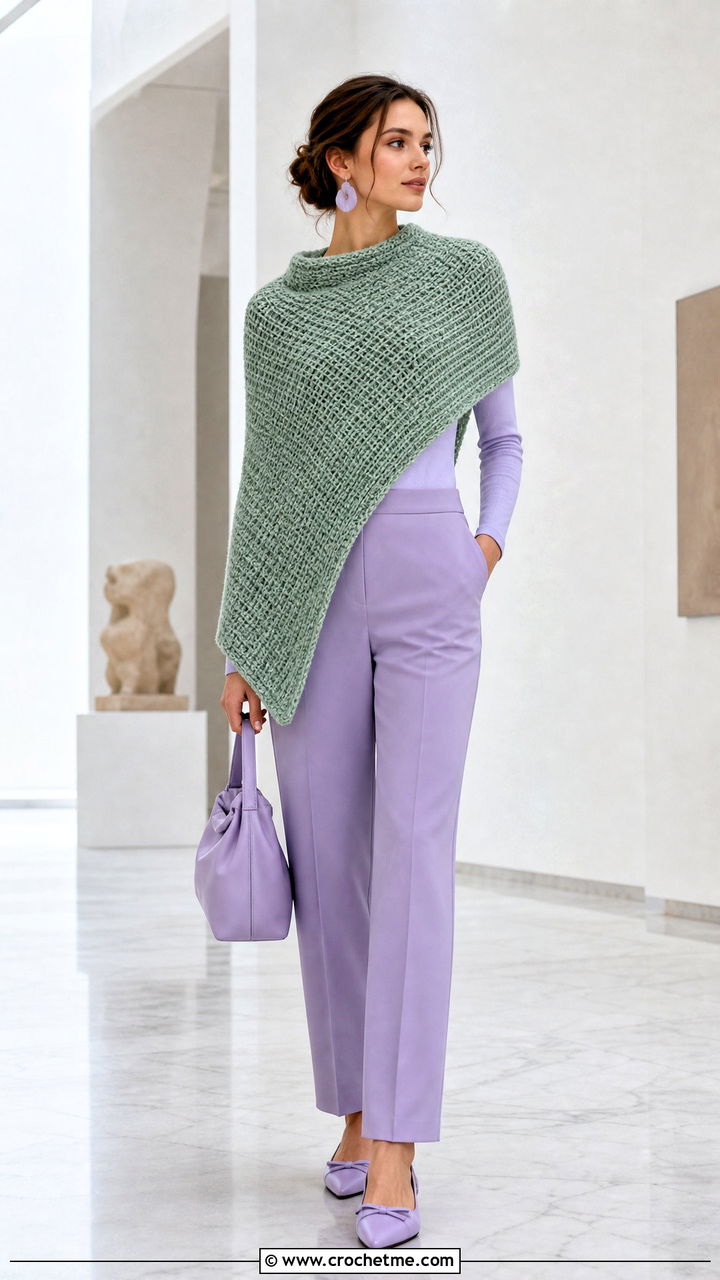 Tunisian Crochet Shawl With Monochrome Outfit - 35 easy simple crochet shawl outfit ideas