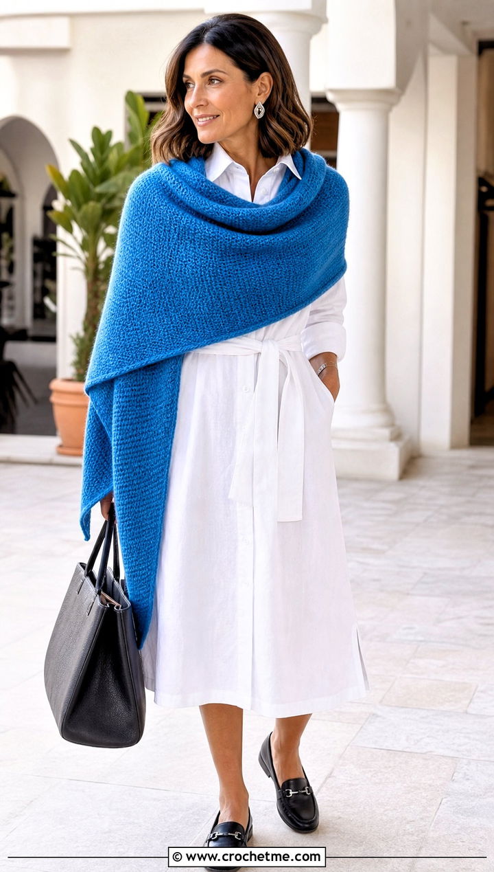Tunisian Crochet Shawl With Shirt Dress - 25 Spring Crochet Shawl outfit ideas