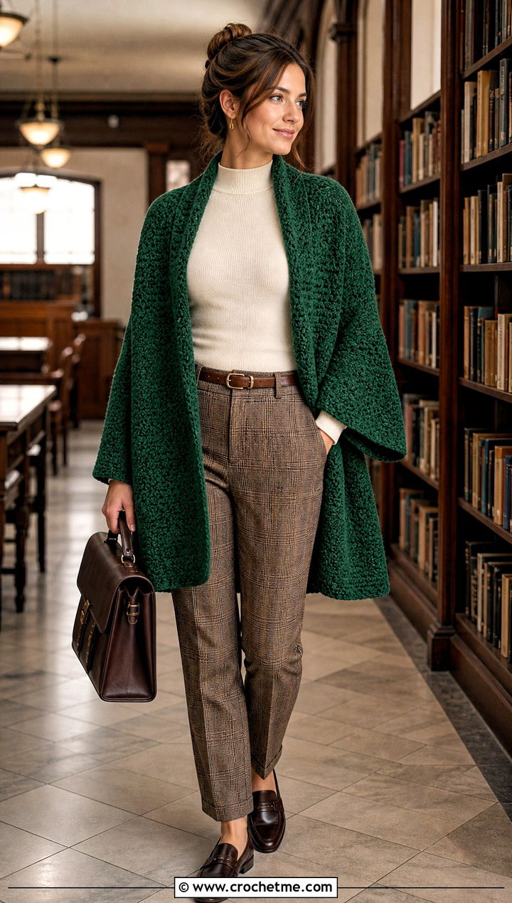 Tunisian Crochet Shawl With Sleeves And Plaid Trousers - 35 crochet shawl with sleeves outfit ideas
