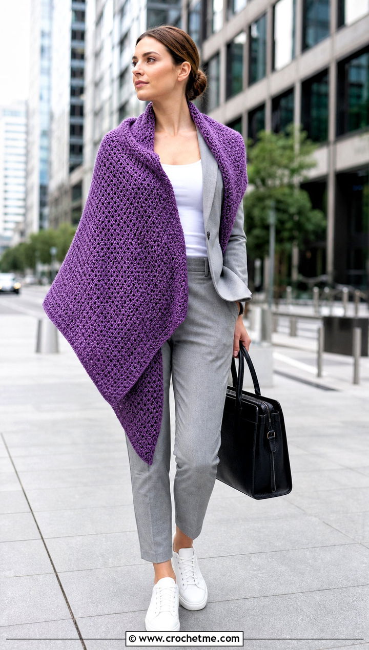 Tunisian Crochet Shawl With Tailored Suit And Sneakers - 35 quick crochet shawl outfit ideas
