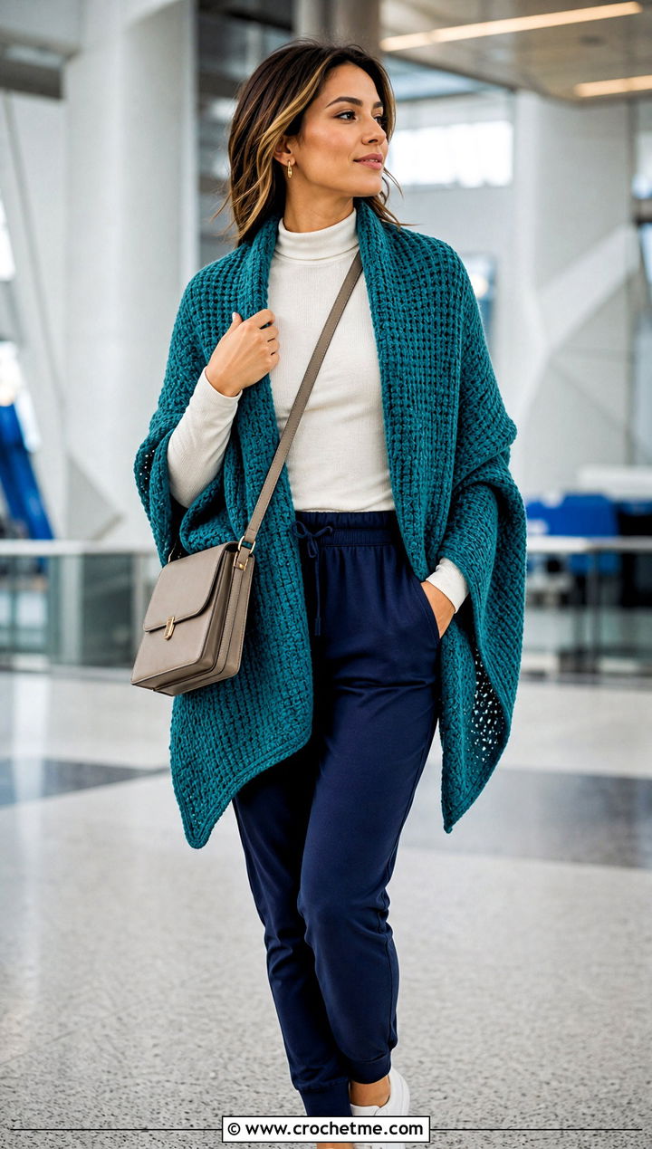 Tunisian Crochet Shawl With Track Pants - 30 winter crochet shawl outfit ideas
