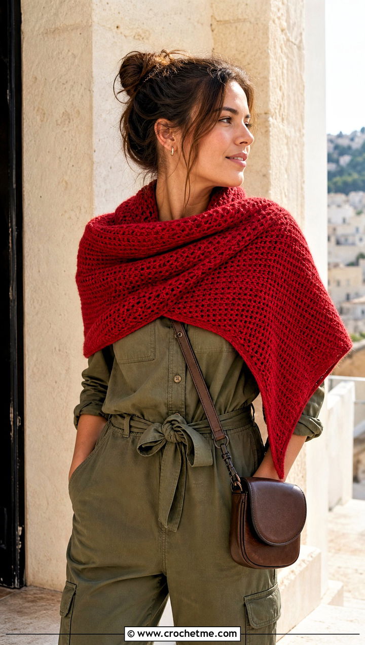 Tunisian Crochet Shawl With Utility Jumpsuit - 25 Simple Crochet Shawl outfit ideas