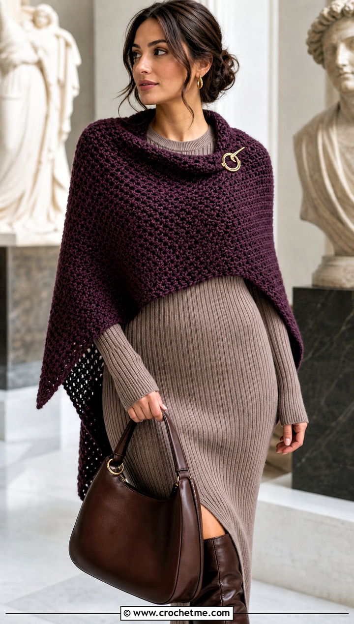 Tunisian Crochet Shoulder Shawl With Knit Dress - 25 Crochet Shoulder Shawl outfit ideas