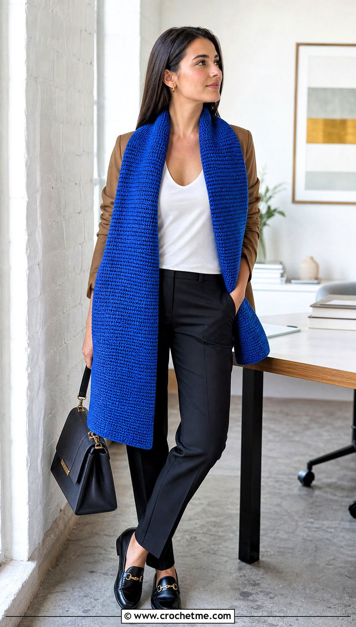 Tunisian Crochet Sleeve Scarf With Blazer - 25 crochet double sleeve scarf outfit ideas