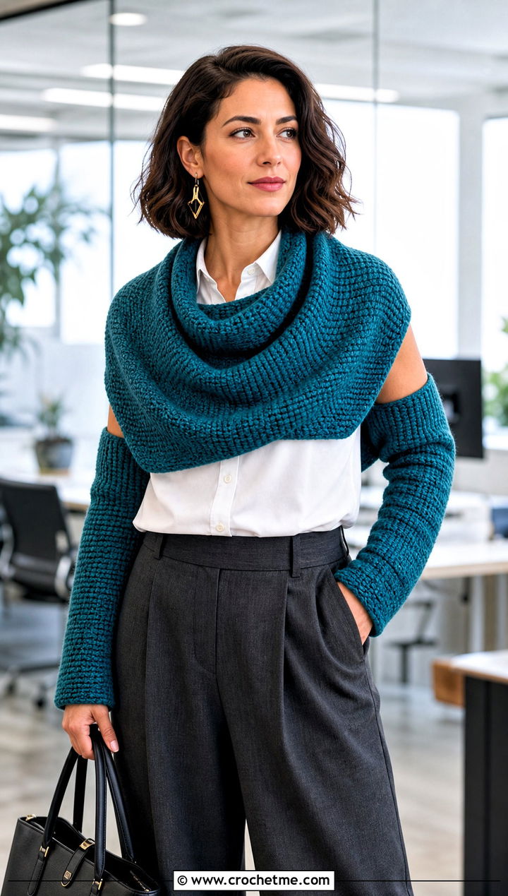 Tunisian Crochet Sleeve Scarf With Tailored Trousers - 30 crochet sleeve scarf outfit ideas
