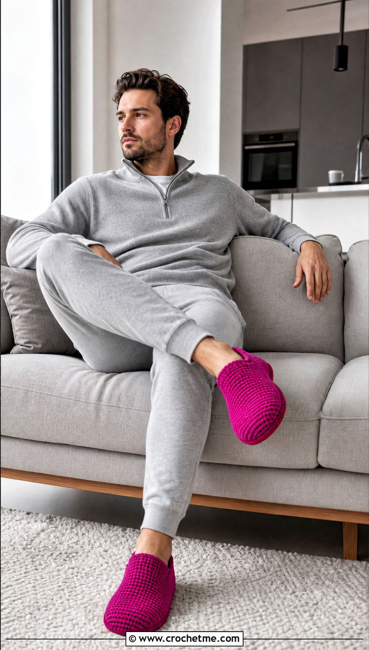 Tunisian Crochet Slippers With Minimal Lounge Set - 30 easy mens crochet slippers outfit ideas