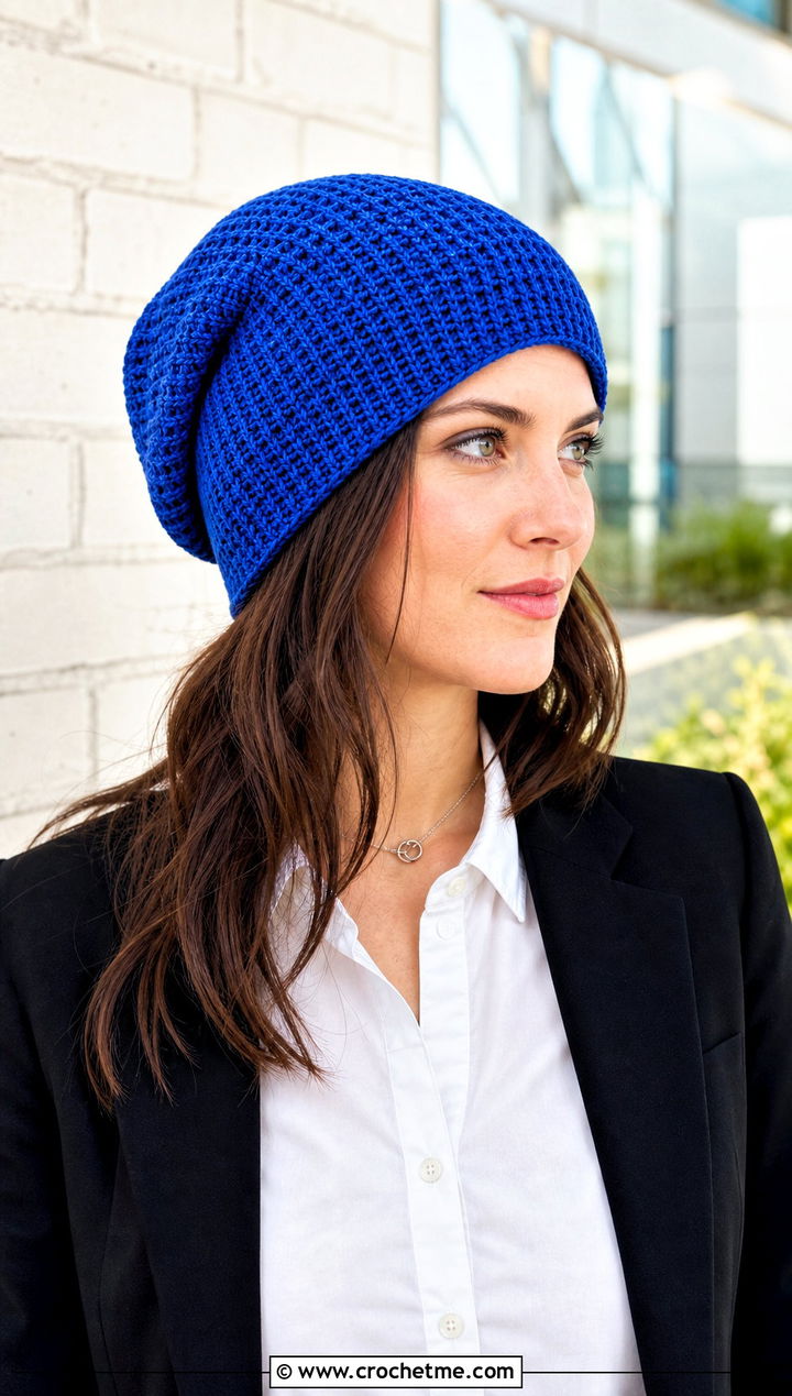 Tunisian Crochet Slouch Beanie With Shirt And Trousers - 30 slouch crochet beanie outfit ideas