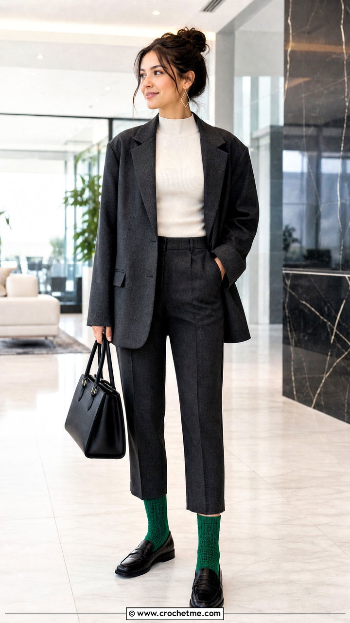 Tunisian Crochet Socks With Trouser Suit And Loafers - 35 crochet socks outfit ideas