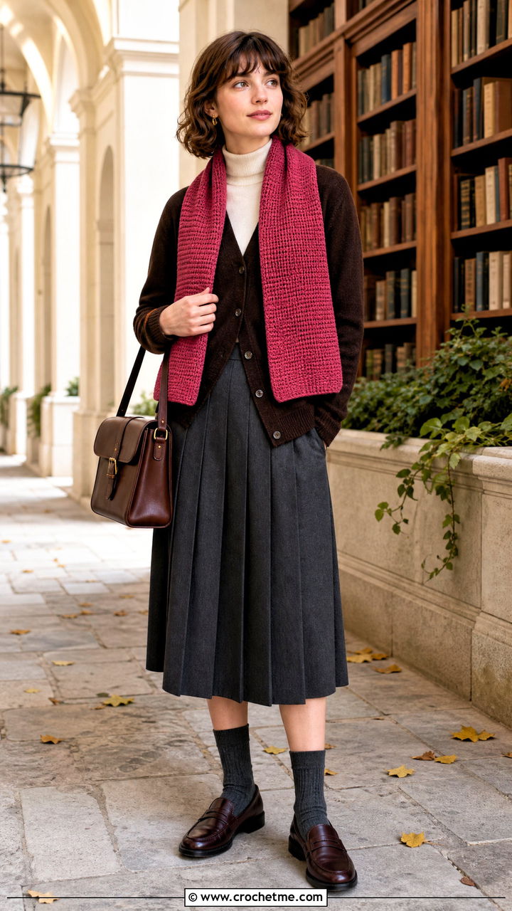 Tunisian Crochet Sophie Scarf With Cardigan And Pleated Skirt - 35 crochet sophie scarf outfit ideas