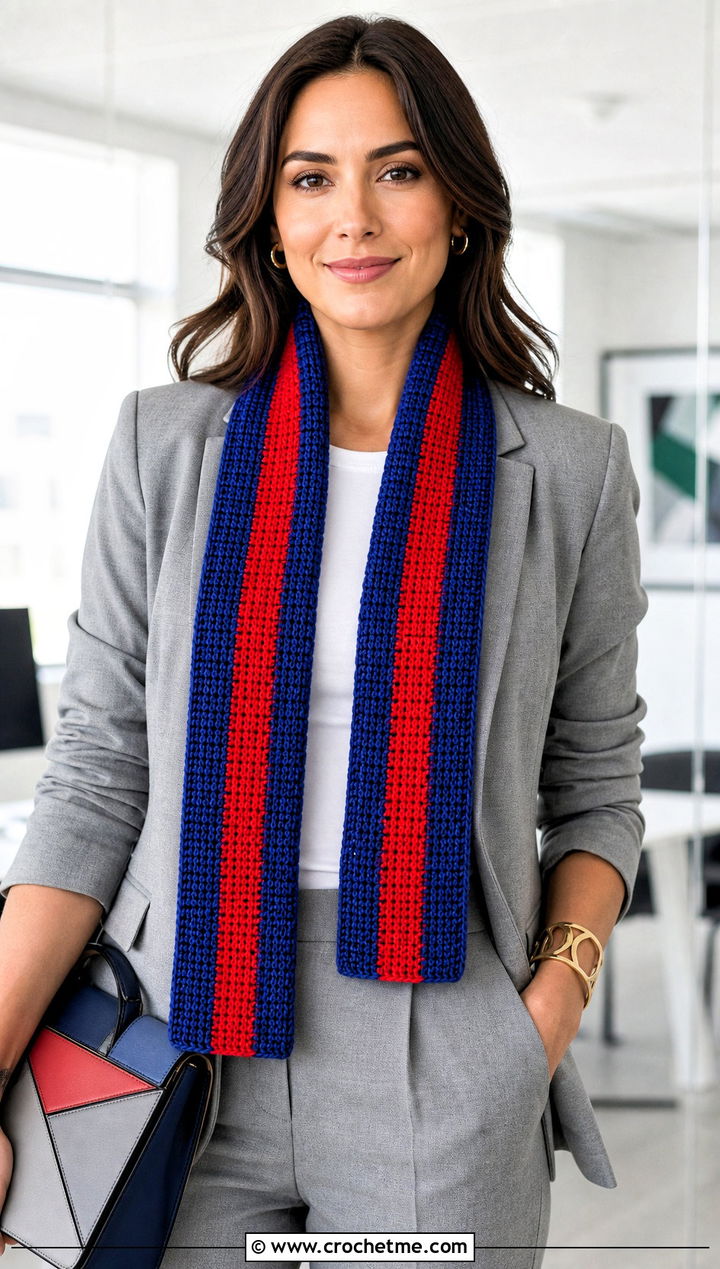 Tunisian Crochet Striped Scarf With Minimalist Suit - 25 crochet striped scarf outfit ideas