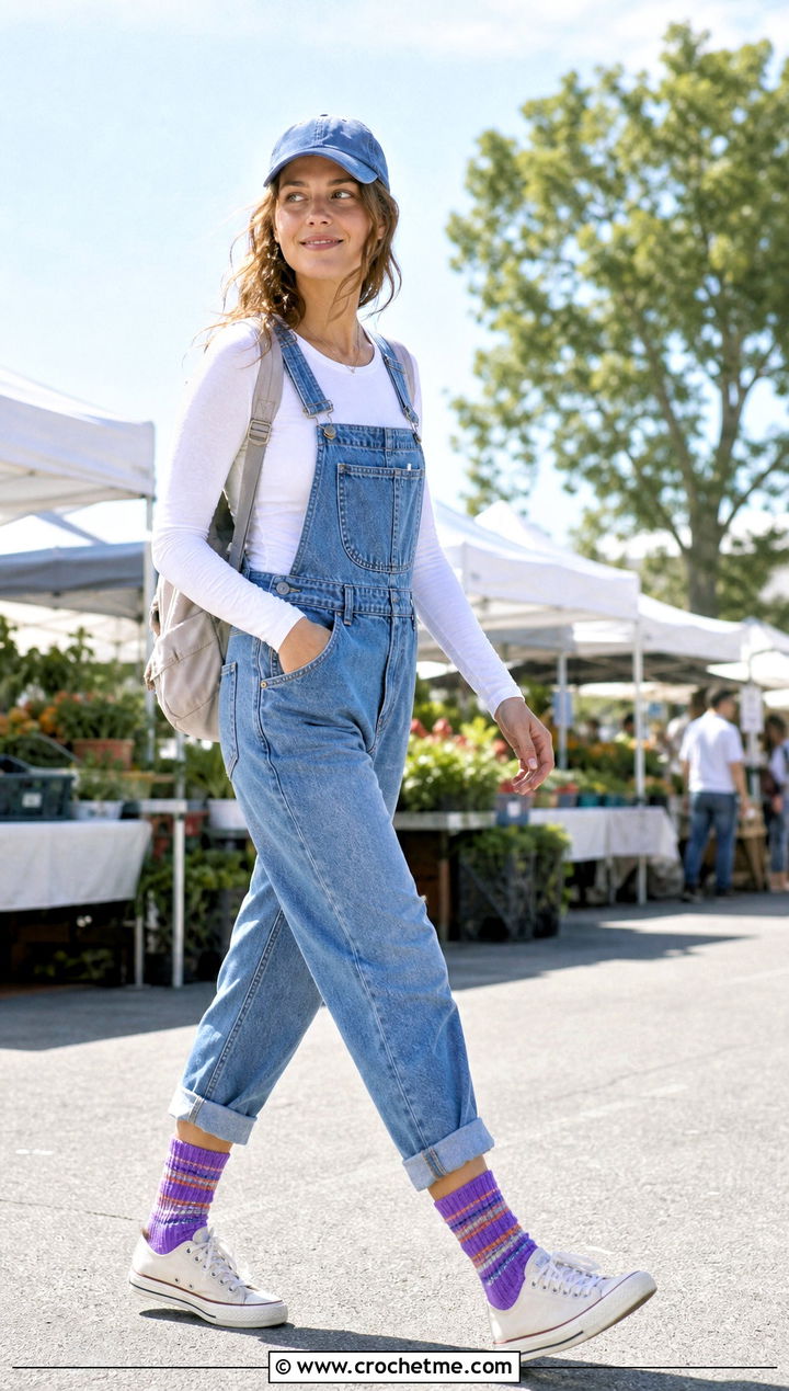Tunisian Crochet Striped Socks With Denim Overalls - 35 tunisian crochet socks outfit ideas