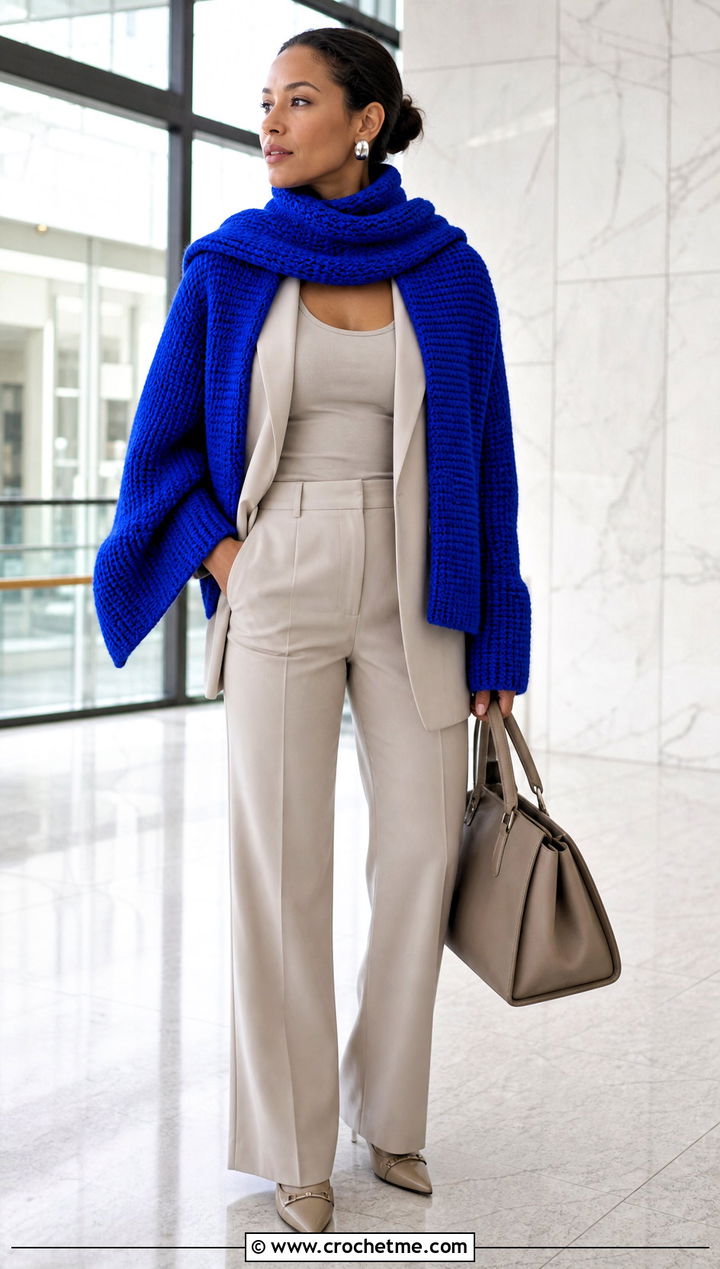 Tunisian Crochet Sweater Scarf With Sleeves And Monochrome Suit - 25 crochet sweater scarf with sleeves outfit ideas
