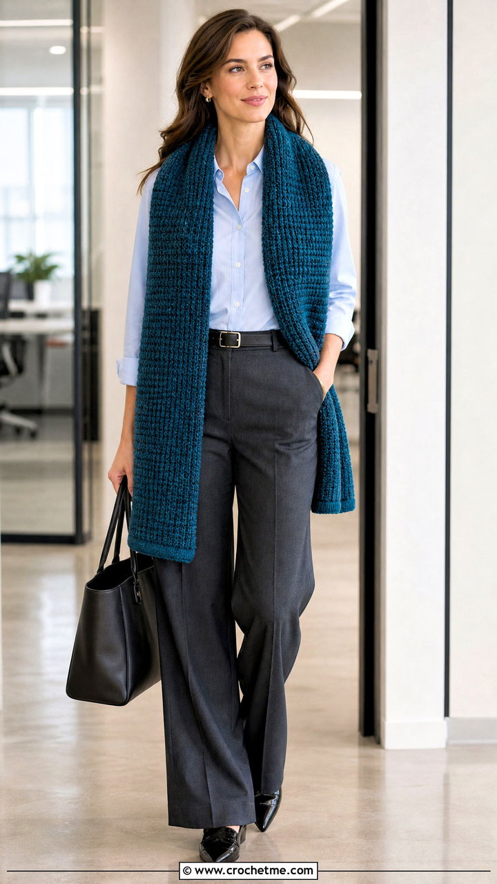 Tunisian Crochet Sweater Scarf With Tailored Trousers - 35 crochet sweater scarf outfit ideas