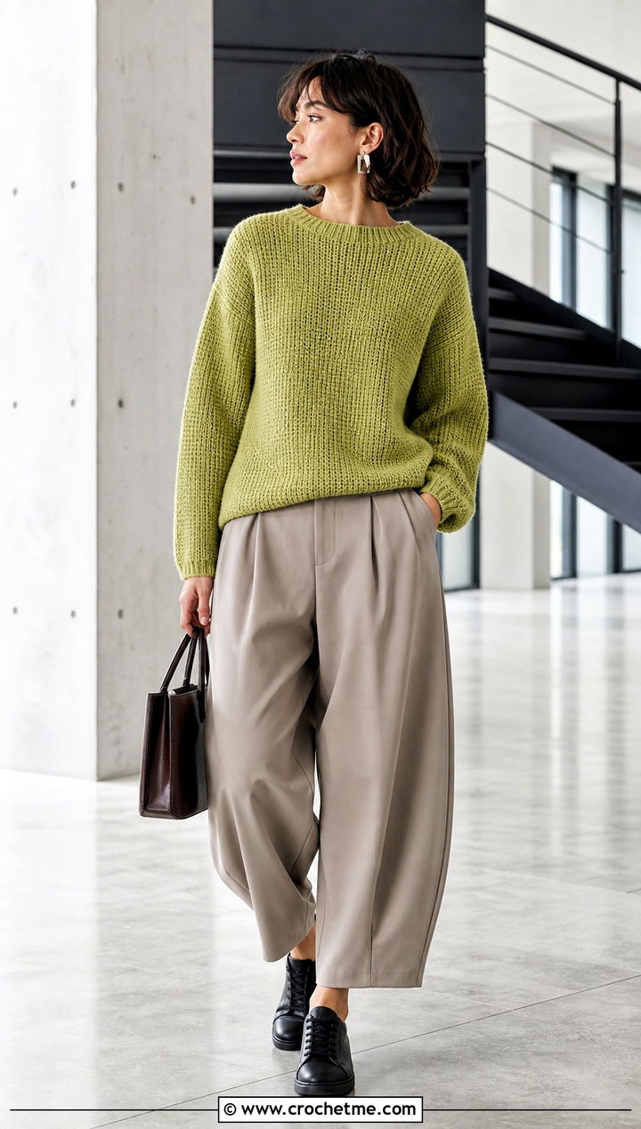 Tunisian Crochet Sweater With Barrel Leg Pants - 25 handmade crochet sweater outfit ideas