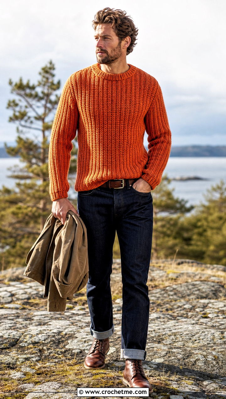Tunisian Crochet Sweater With Selvedge Denim - 25 Mens Crochet Sweaters outfit ideas