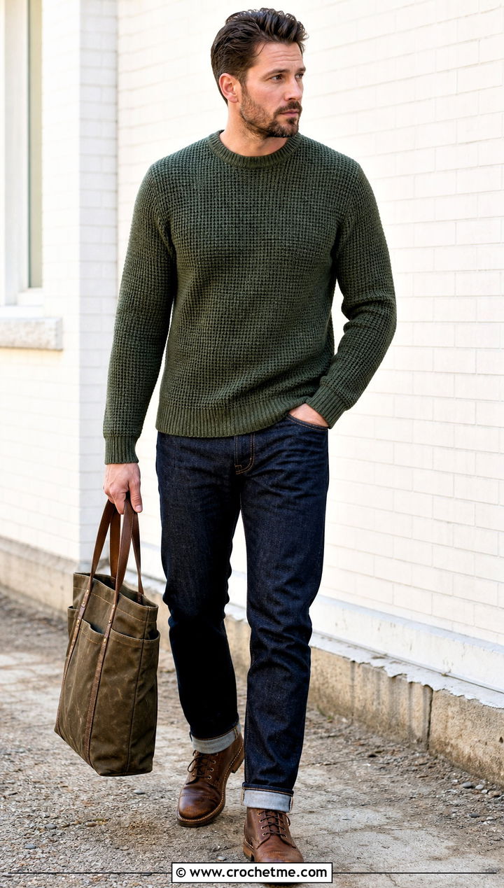 Tunisian Crochet Sweater With Selvedge Denim - 30 men's crochet sweater outfit ideas