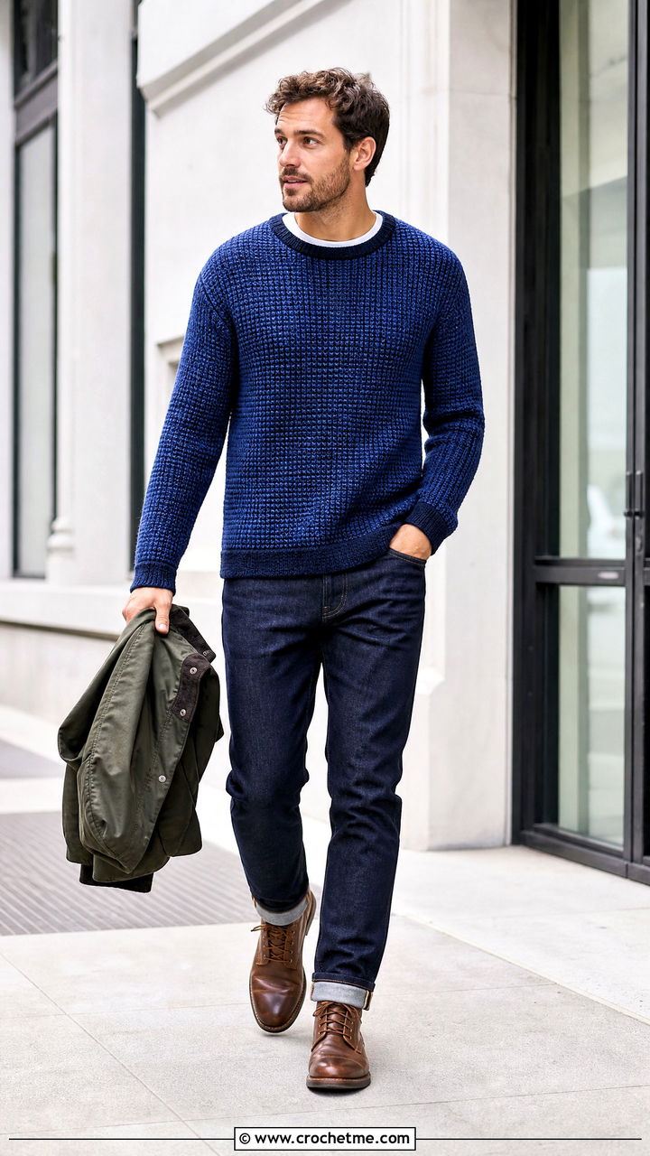 Tunisian Crochet Sweater With Selvedge Jeans - 35 men crochet sweater outfit ideas