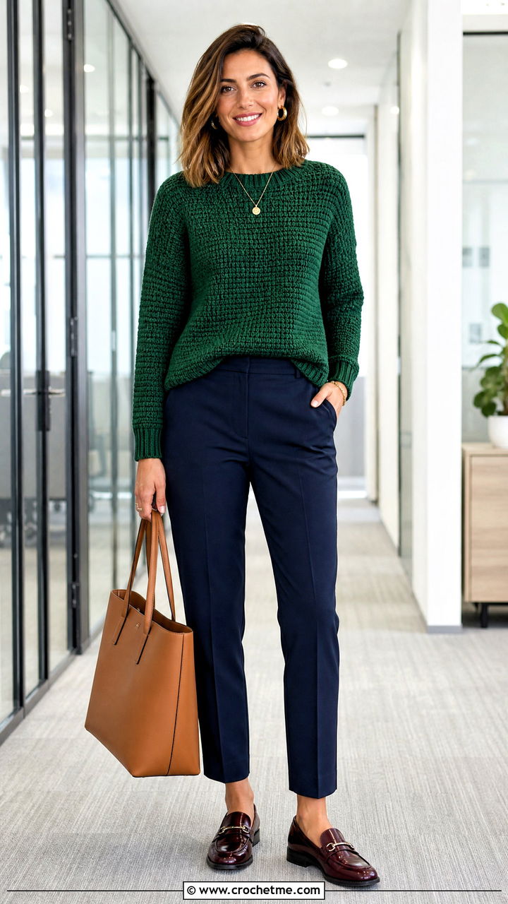 Tunisian Crochet Sweater With Tailored Ankle Pants - 35 colorful crochet sweater outfit ideas