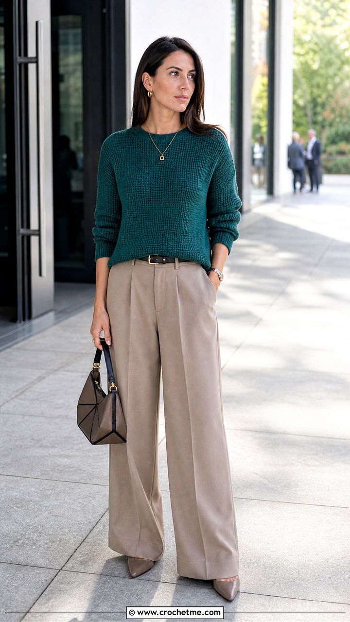 Tunisian Crochet Sweater With Wide Leg Pants - 35 crochet sweaters outfit ideas