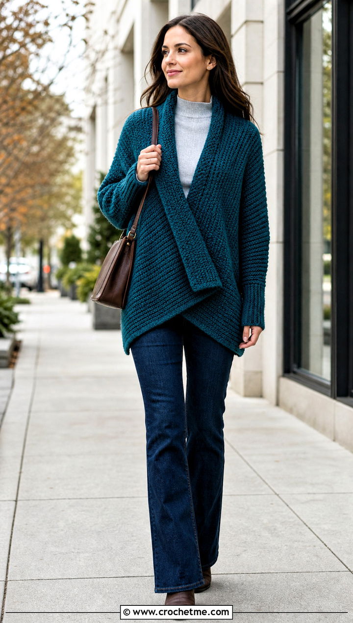 Tunisian Crochet Sweater Wrap With Dark Wash Denim - 30 crochet sweater wrap outfit ideas