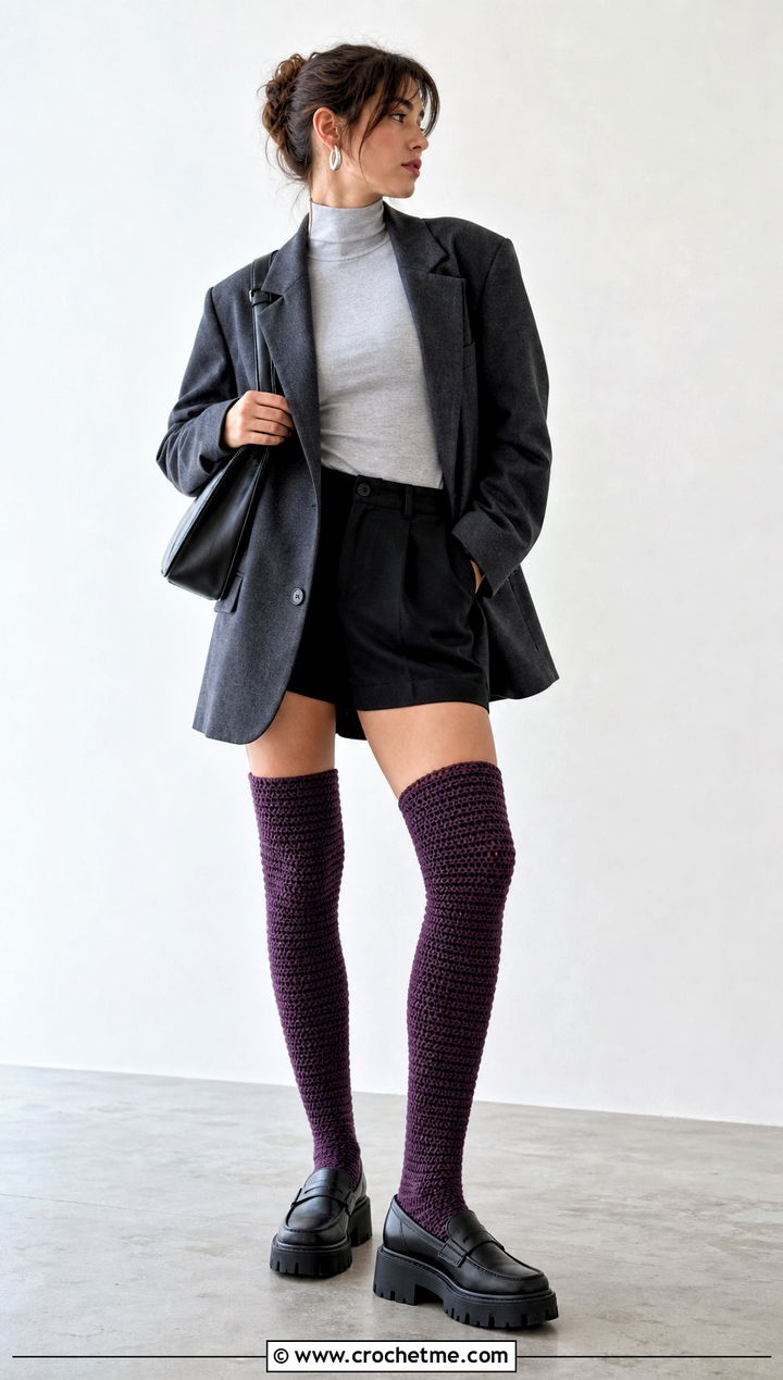 Tunisian Crochet Thigh High Socks With An Oversized Blazer - 35 tunisian crochet socks outfit ideas