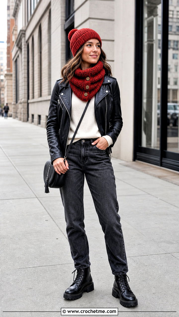 Tunisian Crochet Toque And Buttoned Infinity Scarf With Leather Jacket - 35 crochet hat and scarf set outfit ideas