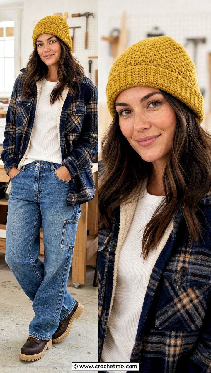 Tunisian Crochet Toque With Shacket And Carpenter Jeans - 30 easy crochet winter hat outfit ideas