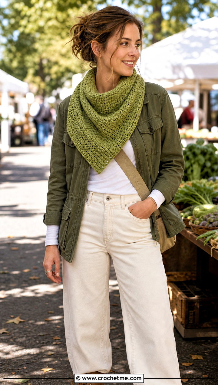 Tunisian Crochet Triangle Cowl With Utility Jacket - 30 crochet triangle cowl outfit ideas