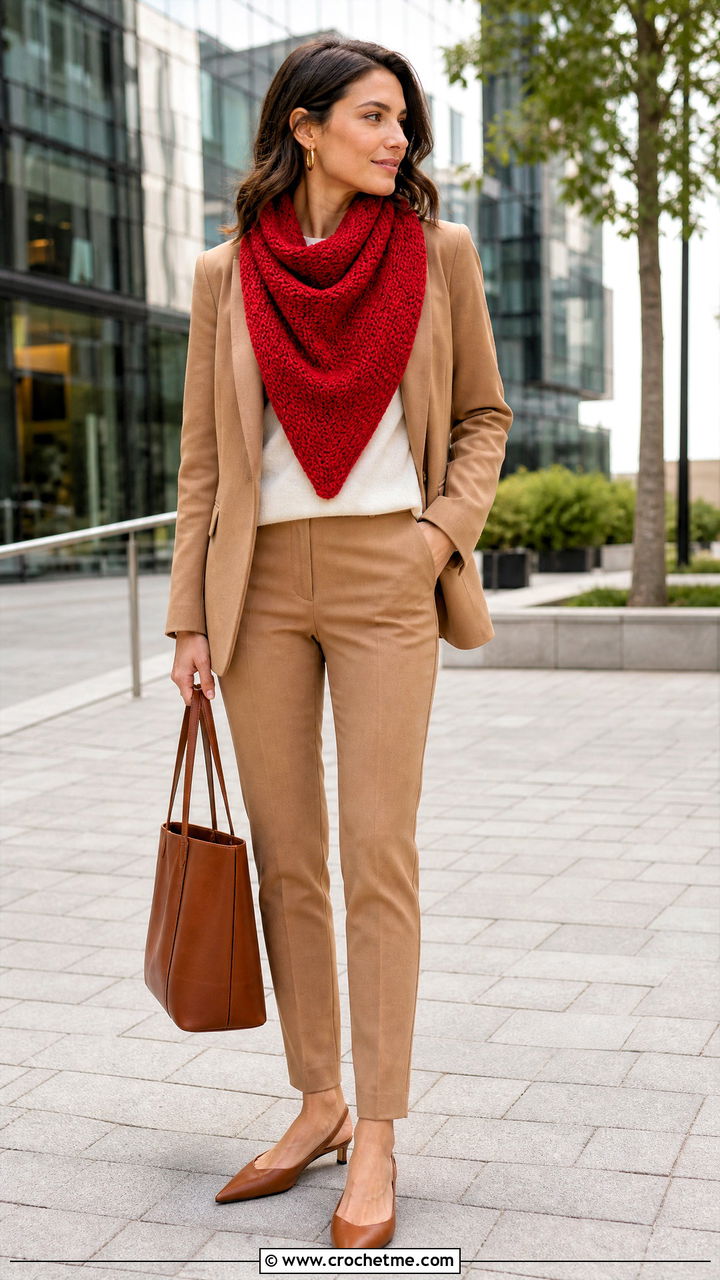 Tunisian Crochet Triangle Scarf With Blazer and Trousers - 35 easy one skein crochet scarf outfit ideas