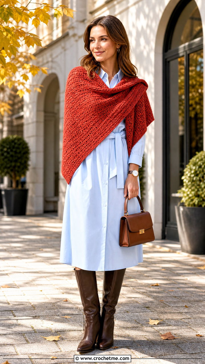 Tunisian Crochet Triangle Shawl With Shirt Dress - 35 crochet triangle shawl outfit ideas
