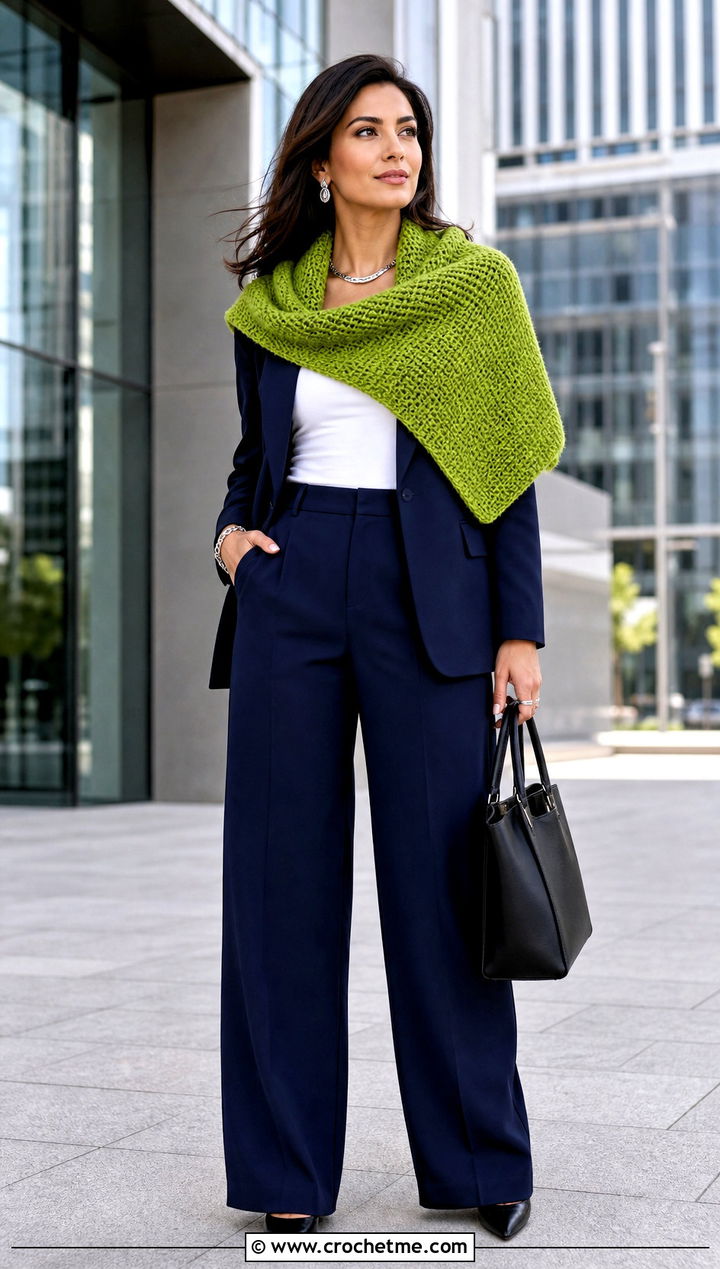 Tunisian Crochet Triangle Shawl With Tailored Suit - 35 Easy Simple Crochet Triangle Shawl outfit ideas