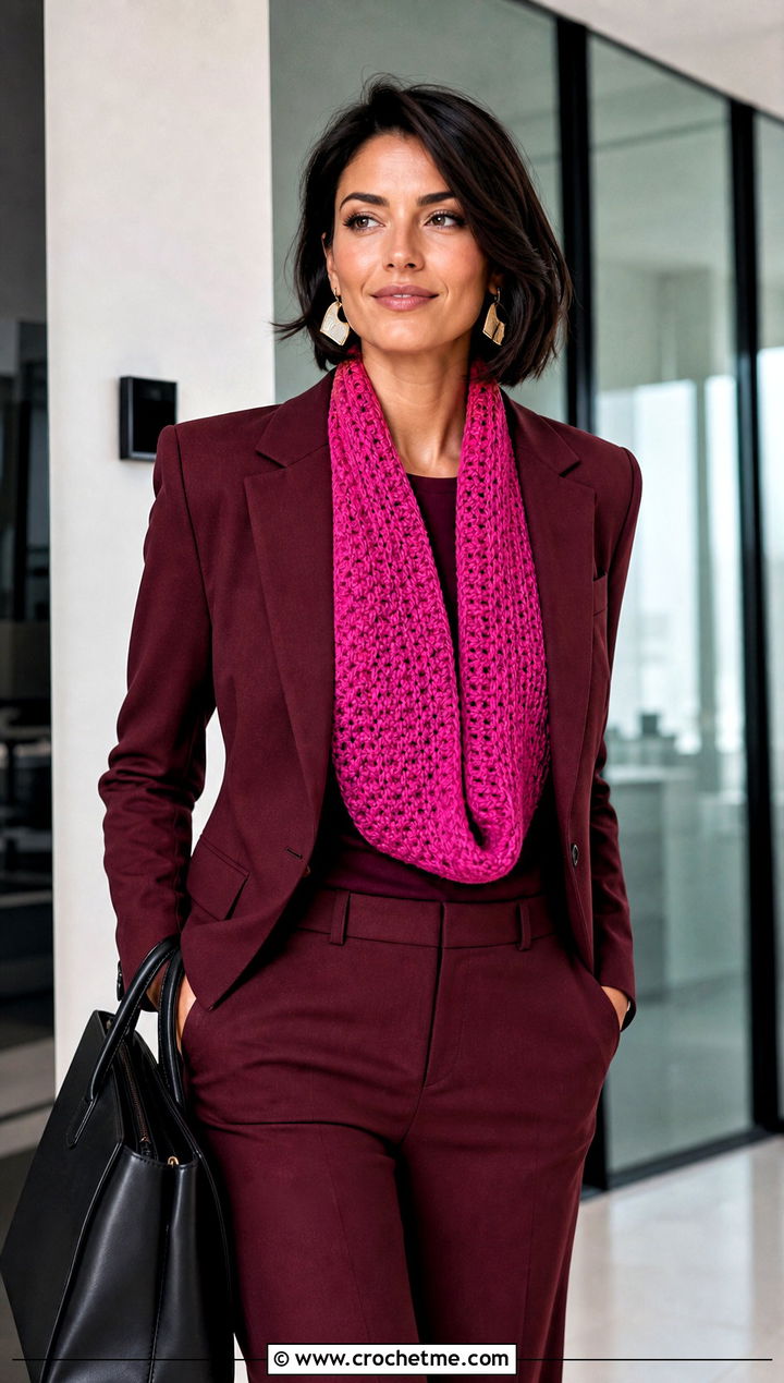 Tunisian Crochet Tube Scarf With Monochrome Suit - 20 Crochet Tube Scarf outfit ideas