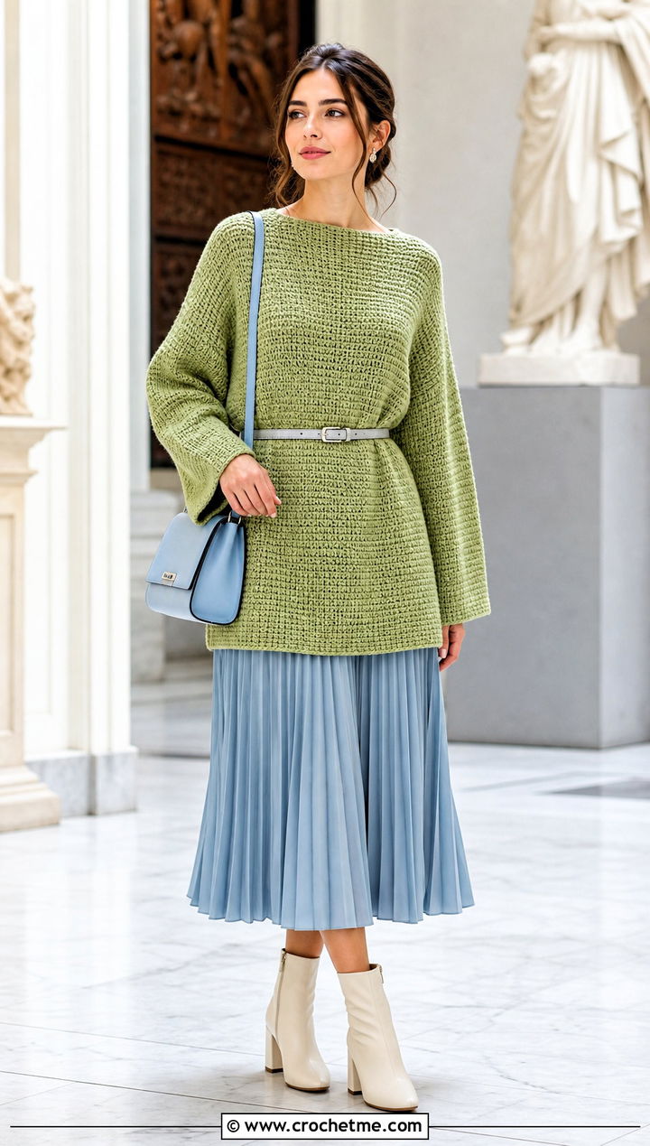 Tunisian Crochet Tunic With Pleated Midi Skirt - 15 Crochet Tunics For Women outfit ideas