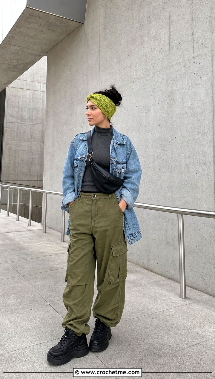 Tunisian Crochet Twisted Ear Warmer With Denim Jacket - 35 crochet twisted ear warmer outfit ideas