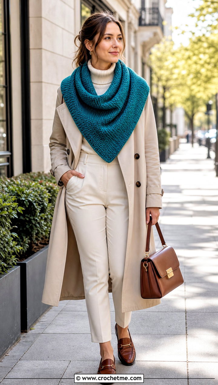 Tunisian Crochet V Shaped Shawl With Trench Coat - 15 V Shaped Crochet Shawl outfit ideas