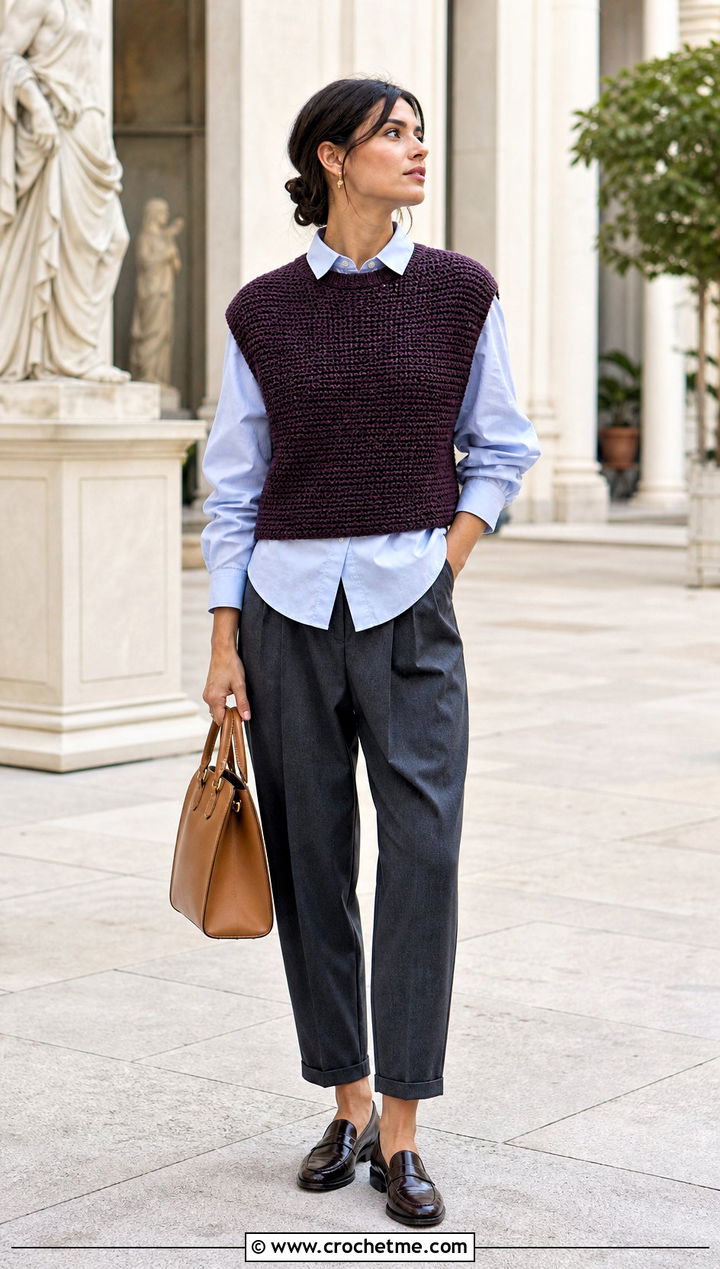 Tunisian Crochet Vest Top With Button Down Shirt - 30 tunisian crochet top outfit ideas