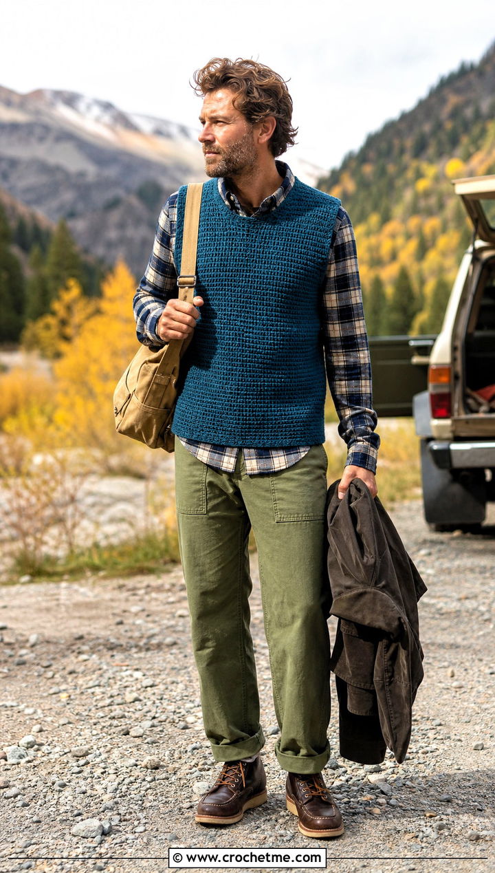 Tunisian Crochet Vest With Flannel Shirt And Fatigue Pants - 30 mens crochet vest outfit ideas