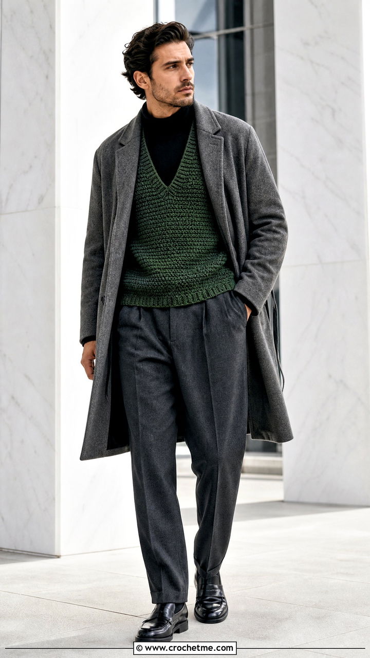 Tunisian Crochet Vest With Roll Neck Shirt And Pleated Pants - 35 crochet vest for men outfit ideas