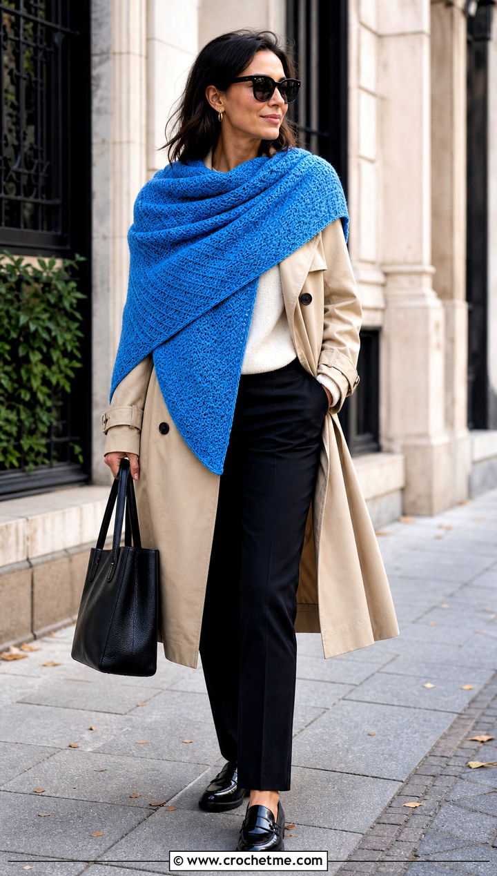 Tunisian Crochet Wrap Shawl With Trench Coat - 35 crochet wrap shawl outfit ideas