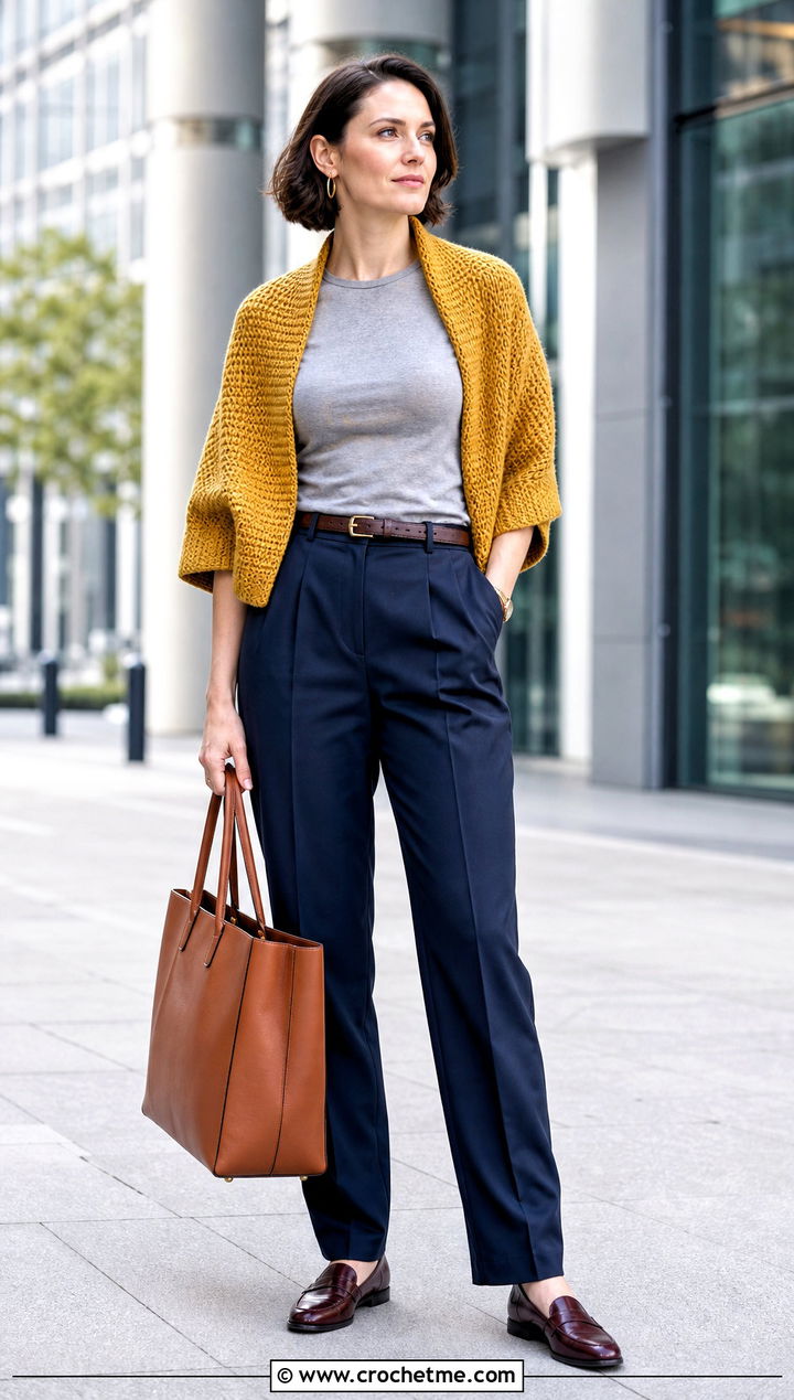 Tunisian Crochet Wrap Shrug With Pleated Trousers - 35 Crochet Wrap Shrug outfit ideas